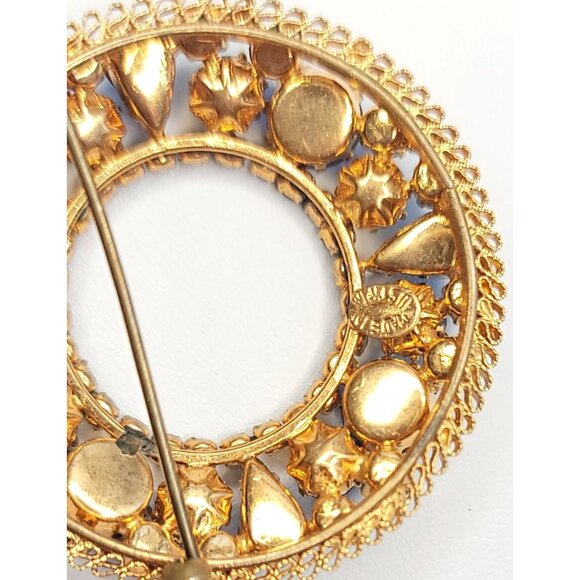 Austria Goldtone Blue Rhinestone Open Round Brooch Signed - Picture 5 of 8